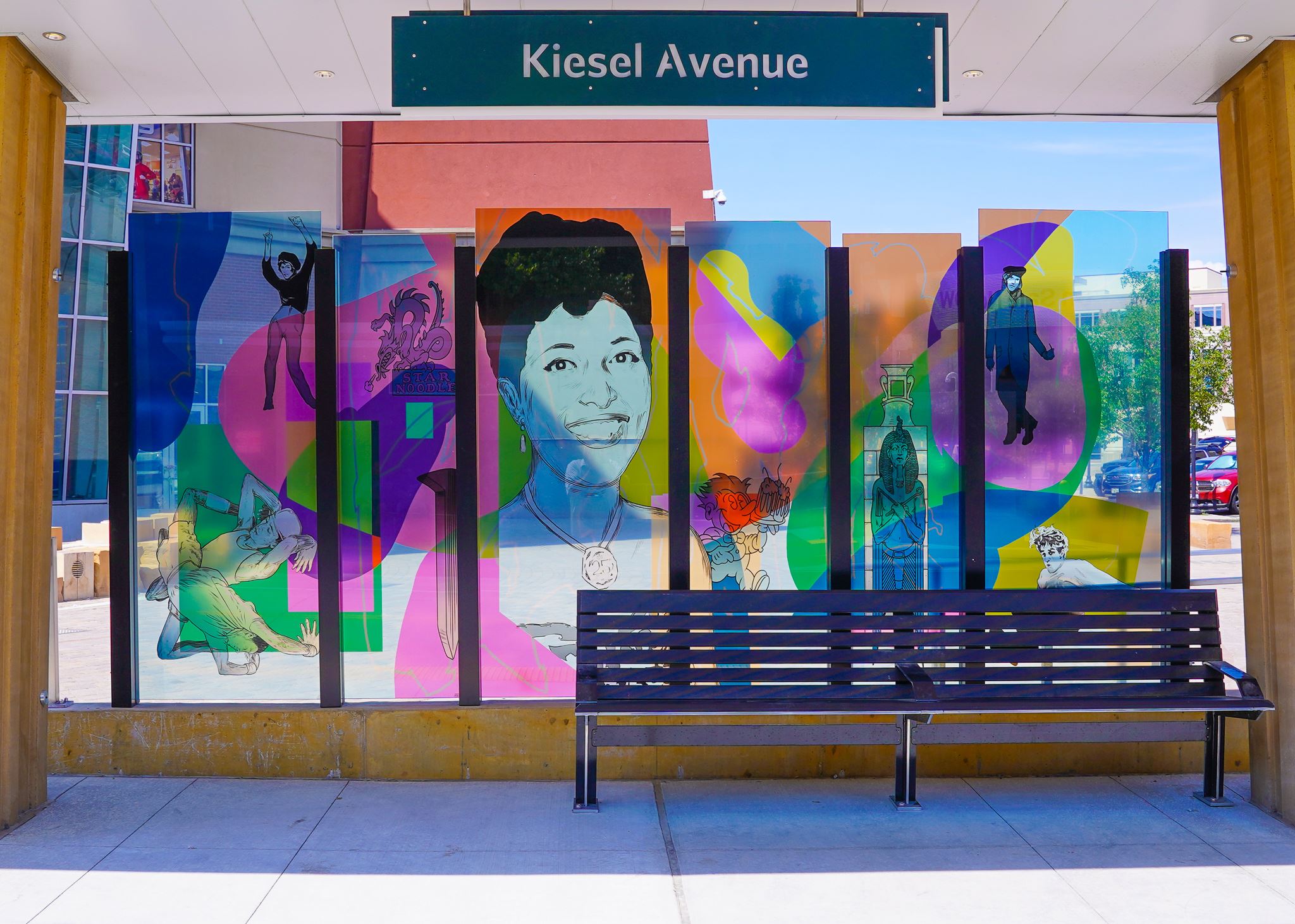 Bus station art displayed at Kiesel Avenue and 23rd Street